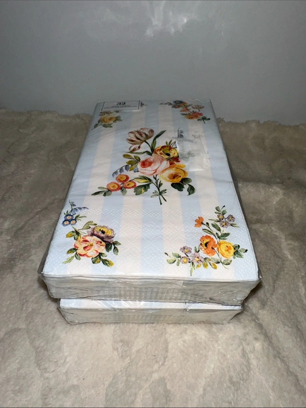 Punch Studio 32 x 2pk Guest Paper Towel Napkins White Blue Floral Stripe Print